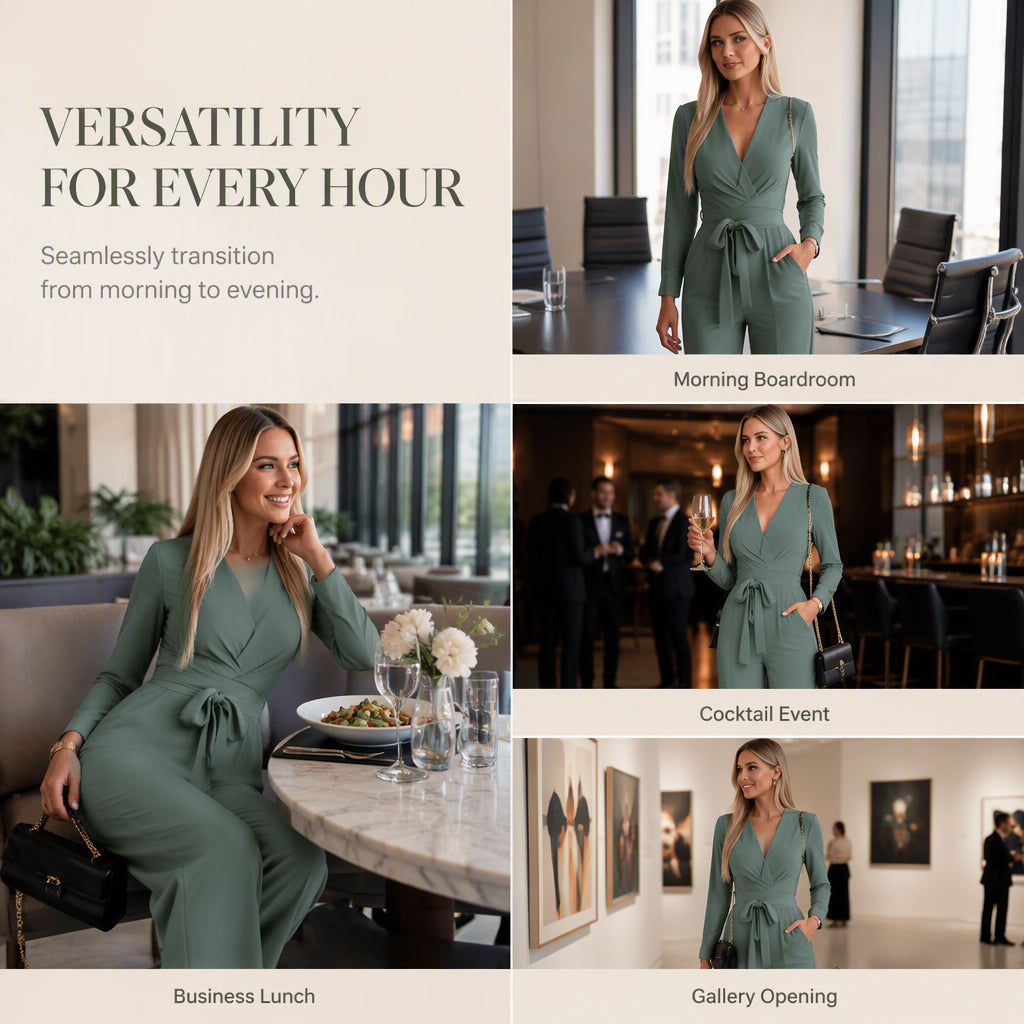 🎀Women's Long Sleeve V-Neck Jumpsuit with Belt – Effortless Elegance in One Look
