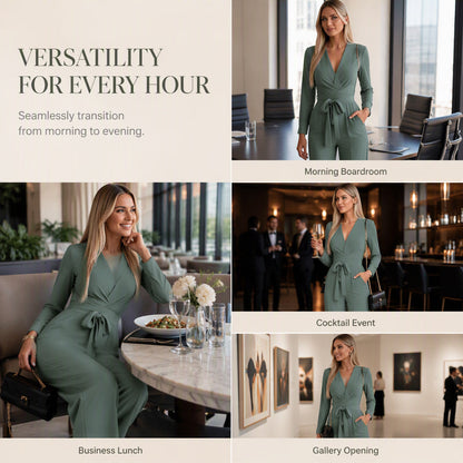 🎀Women's Long Sleeve V-Neck Jumpsuit with Belt – Effortless Elegance in One Look