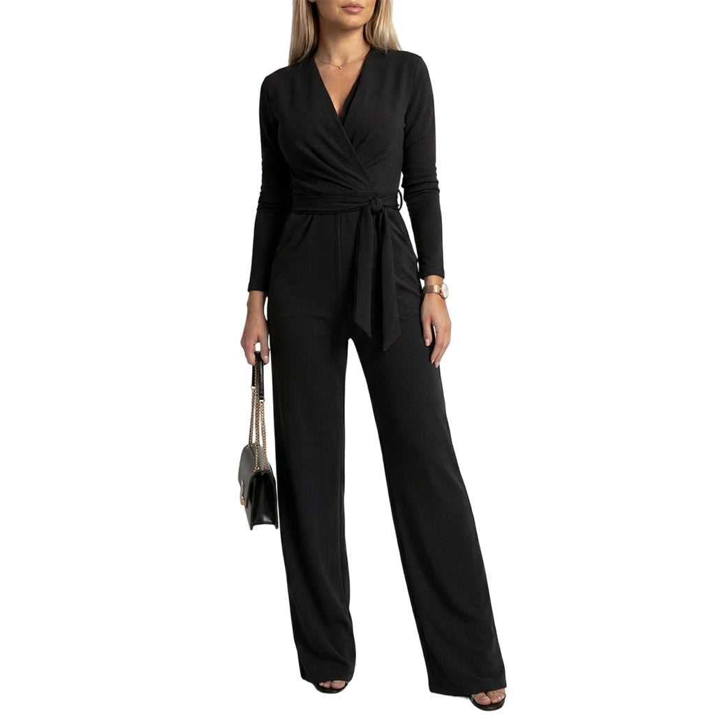 🎀Women's Long Sleeve V-Neck Jumpsuit with Belt – Effortless Elegance in One Look