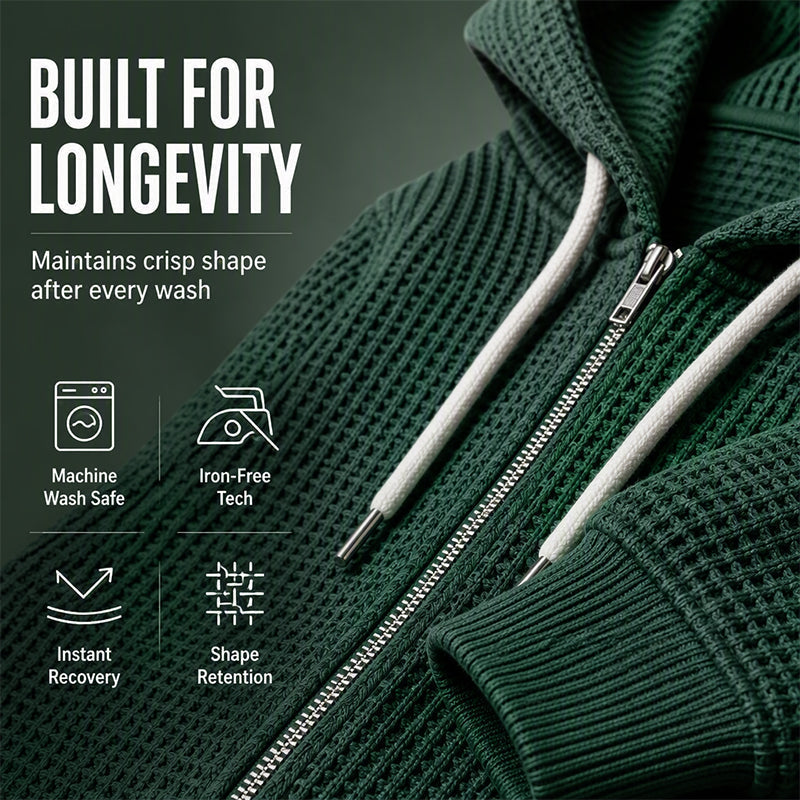 🍂Men's Full -Zip Waffle Knit Hooded Sweatshirt – Cozy Comfort Meets Everyday Style