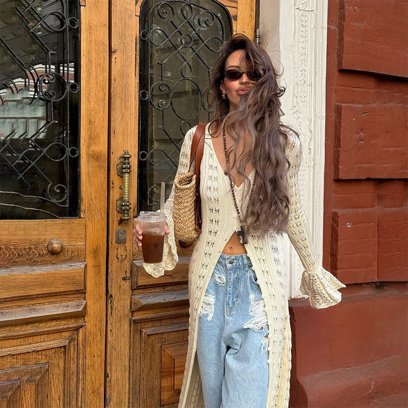 🍂 Women's Crochet Hollow Out Long Cardigan – Effortless Layers for Autumn Style