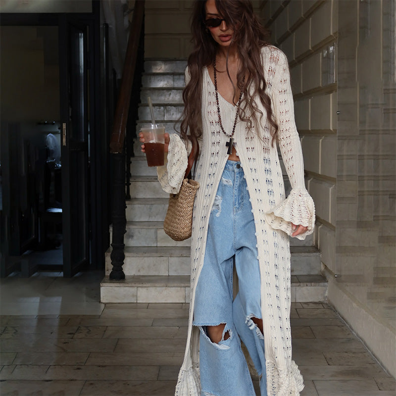 🍂 Women's Crochet Hollow Out Long Cardigan – Effortless Layers for Autumn Style