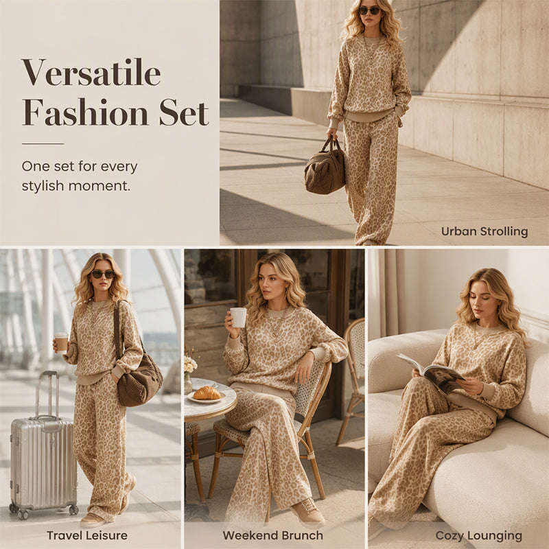 🌸Hot Sale 50% OFF💖Women's Leopard Print Sweatshirt & Wide-Leg Pants Set