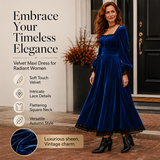 👗 Women's Vintage Square Neck Velvet Dress – Timeless Elegance Meets Luxe Comfort