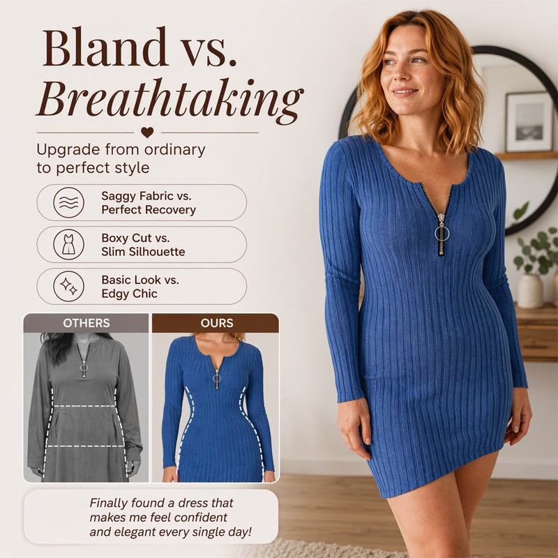 Women's Front Zipper Ribbed Knit Dress