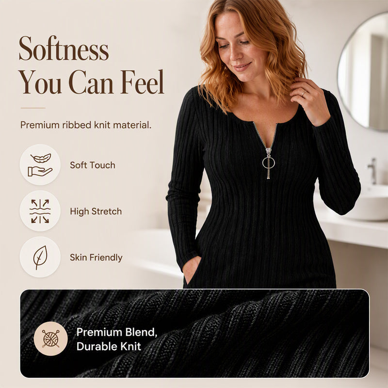 Women's Front Zipper Ribbed Knit Dress