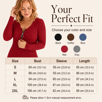 Women's Front Zipper Ribbed Knit Dress