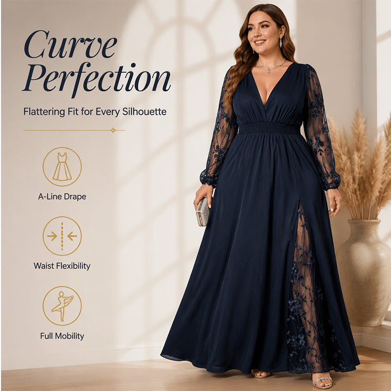 Women’s Elegant V Neck Lace Patchwork Maxi Dress