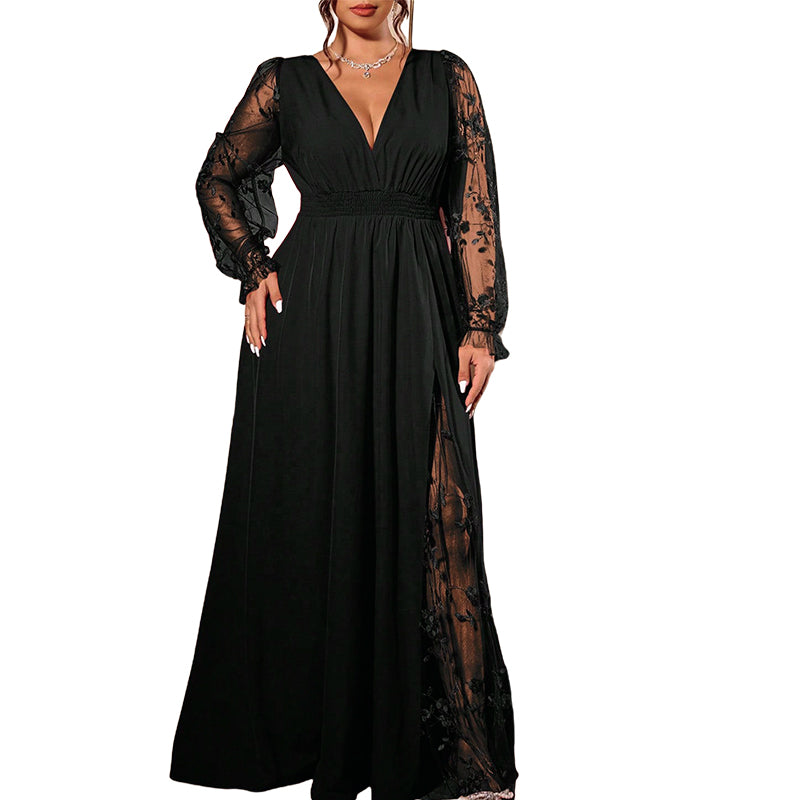 Women’s Elegant V Neck Lace Patchwork Maxi Dress