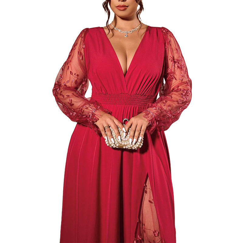 Women’s Elegant V Neck Lace Patchwork Maxi Dress