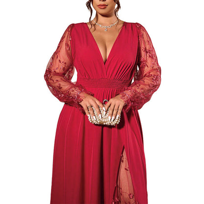 Women’s Elegant V Neck Lace Patchwork Maxi Dress