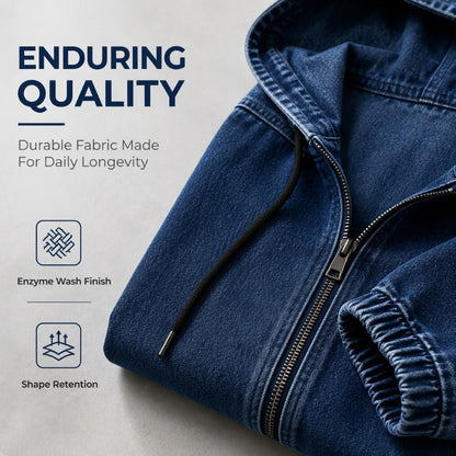 💙 Women's Casual Zip-Up Hooded Denim Jacket – Relaxed Fit & Adjustable Waist ✨