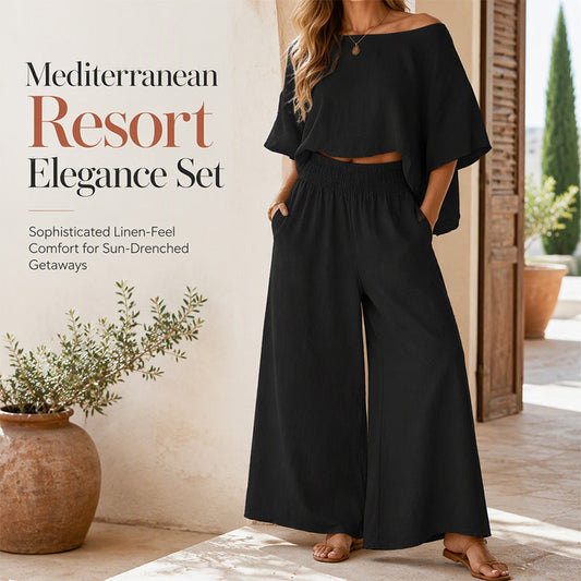 ✨ Women’s Off-Shoulder Top & Wide-Leg Pants Set – Effortless Elegance Meets Everyday Comfort