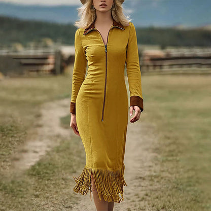 ⏰Last Day Sale 50% Off💃Women's Long Sleeve Tassel Hem Midi Dress