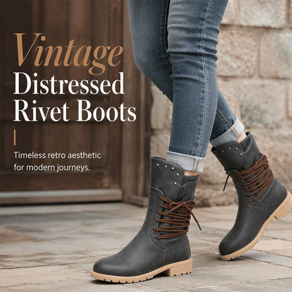 🍂 Timeless Everyday Style | Women's Distressed Lace-Up Mid-Calf Boots