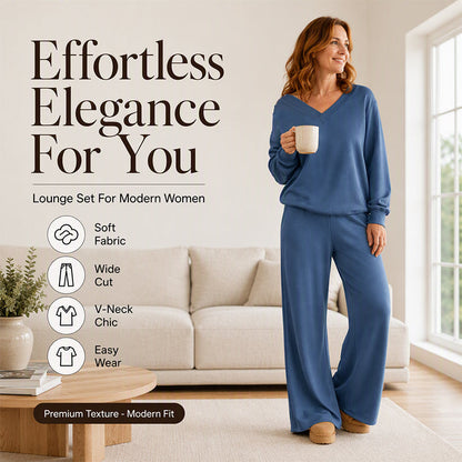 ✨ Effortless Comfort | Women's V-Neck Off-Shoulder Top & Wide-Leg Pants 2-Piece Set