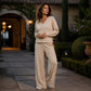 ✨ Effortless Comfort | Women's V-Neck Off-Shoulder Top & Wide-Leg Pants 2-Piece Set