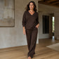 ✨ Effortless Comfort | Women's V-Neck Off-Shoulder Top & Wide-Leg Pants 2-Piece Set