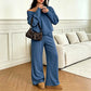 ✨ Effortless Comfort | Women's V-Neck Off-Shoulder Top & Wide-Leg Pants 2-Piece Set