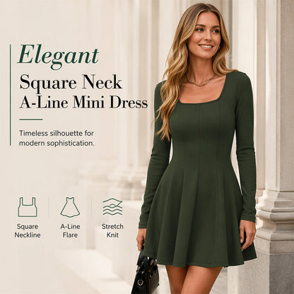 ✨ Flattering Elegance | Women's Square-Neck Long-Sleeve A-Line Mini Dress