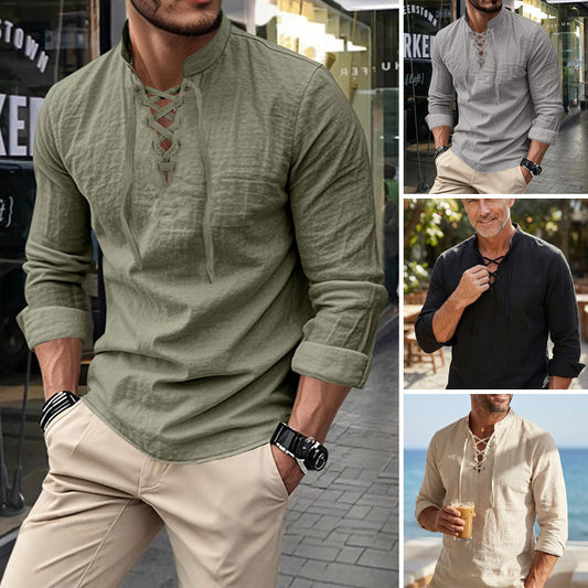 ✨ Easy Everyday Style | Men's Lace-Up Stand-Collar Cotton-Blend Shirt