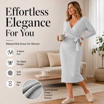 ✨ Flattering Elegance | Women's V-Neck Ribbed Knit Tie-Wrap Dress