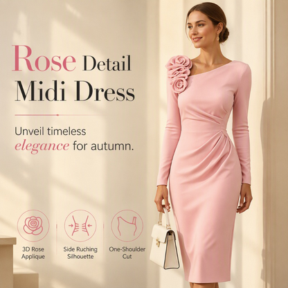 ✨ Romantic Elegance | Women's Ruched Midi Dress with 3D Rose Details