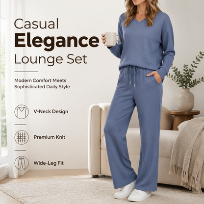 ✨ Effortless Comfort | Women's V-Neck Knit Top & Pants 2-Piece Lounge Set