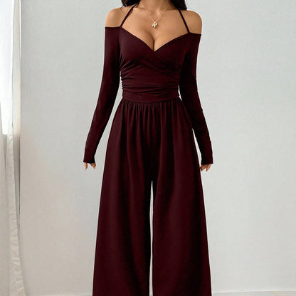 ✨ Deep V-Neck, Flattering Ruched Waist | Women's Wide-Leg Jumpsuit