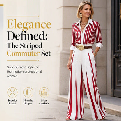 ✨ Effortless Everyday Style | Women's Striped Shirt & Wide-Leg Pants 2-Piece Set