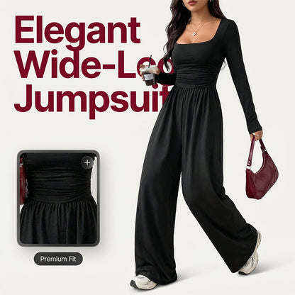 ✨ Flattering Elegance | Women's Square-Neck Ruched-Waist Wide-Leg Jumpsuit