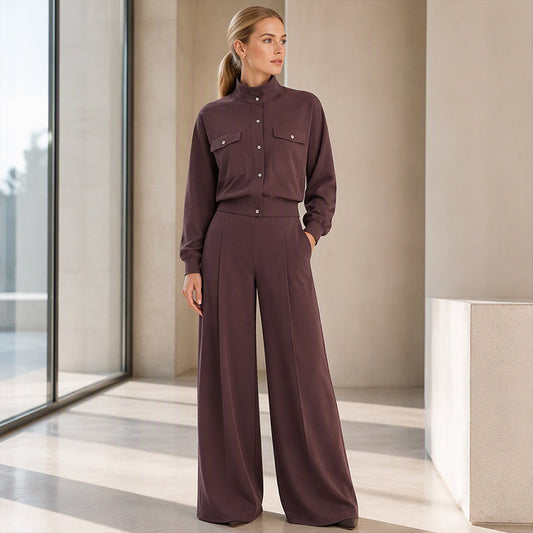 ✨ Effortless Everyday Style | Women's Stand-Collar Jacket & Wide-Leg Pants 2-Piece Set
