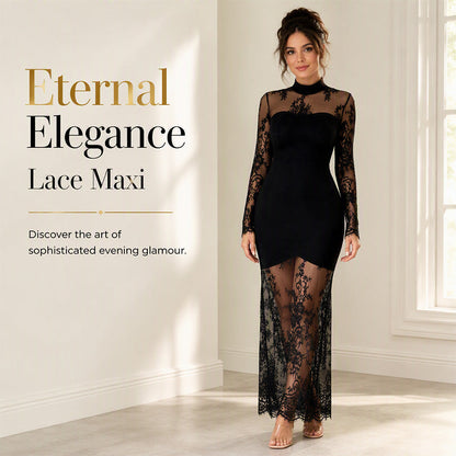 ✨ Elegant Lace Detail | Women's High-Neck Lace-Spliced Long-Sleeve Maxi Dress