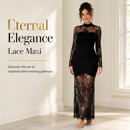 ✨ Elegant Lace Detail | Women's High-Neck Lace-Spliced Long-Sleeve Maxi Dress