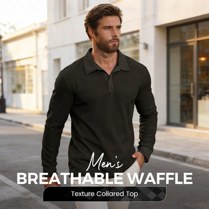 ✨ Elevated Everyday Comfort | Men's Waffle-Knit Collared Long-Sleeve Top