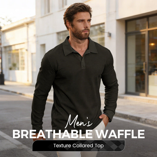 ✨ Elevated Everyday Comfort | Men's Waffle-Knit Collared Long-Sleeve Top