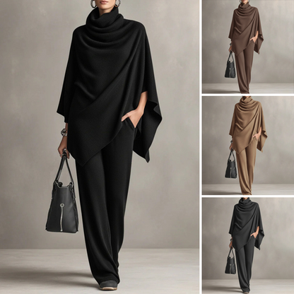 ✨ Elevated Comfort | Women's Cowl-Neck Cape & Wide-Leg Pants 2-Piece Set