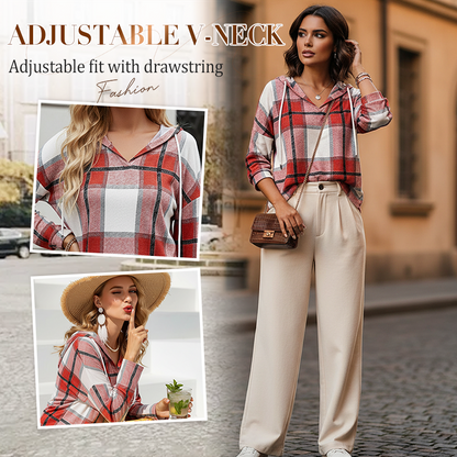 🍂 Easy Everyday Comfort | Women's Plaid Hooded Drawstring V-Neck Shirt
