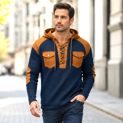 ✨ Rugged Everyday Comfort | Men's Lace-Up Waffle-Knit Hooded Sweatshirt