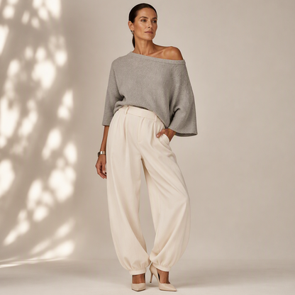 ✨ Effortless Comfort | Women's Off-Shoulder Knit Top & Casual Pants 2-Piece Set