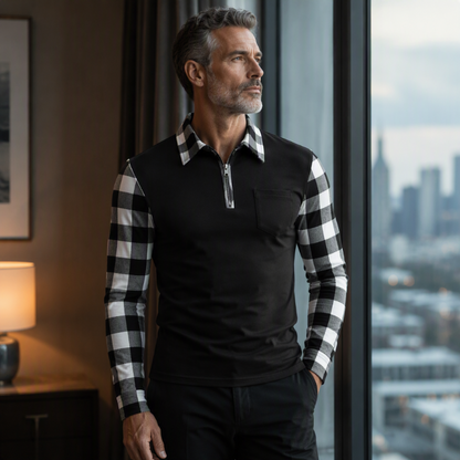 💥 Bold Contrast, Easy Layers | Men's Plaid-Panel Half-Zip Long-Sleeve Shirt