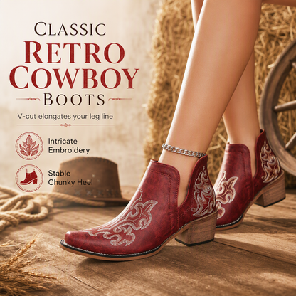 🤠 Western Charm | Women's V-Cut Embroidered Block-Heel Ankle Boots ⚡ Free Shipping