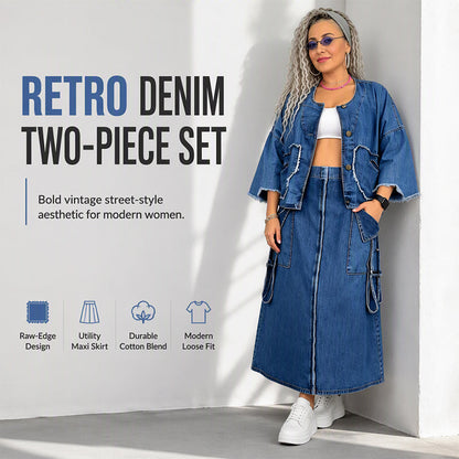 💙 Denim With an Edge | Women's Raw-Edge Cropped Jacket & Cargo Maxi Skirt Set ⚡ Free Shipping