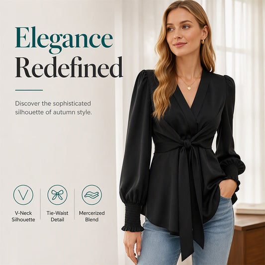 ✨ Flattering Detail | Women's V-Neck Tie-Waist Blouse
