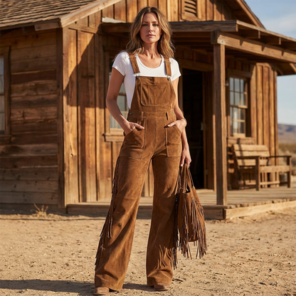 🤠 Western Statement Style | Women's Suede-Look Fringe Wide-Leg Overalls