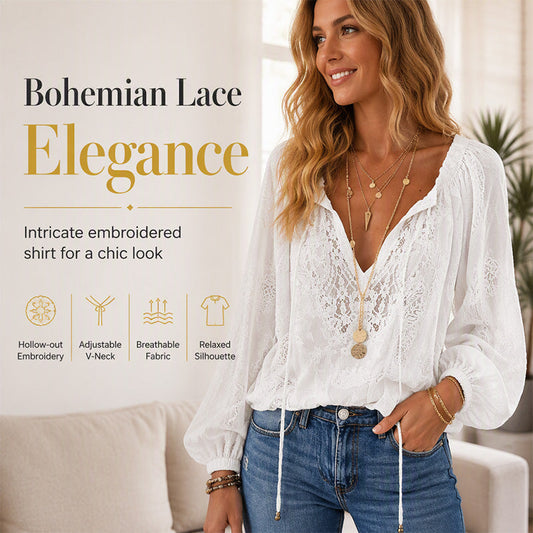 🌸 Bohemian Lace Detail | Women's V-Neck Hollow-Out Long-Sleeve Top