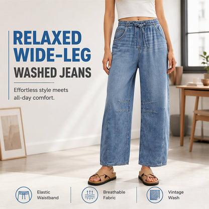 👖 Pull On & Go | Women's Elastic-Waist Relaxed Wide-Leg Jeans