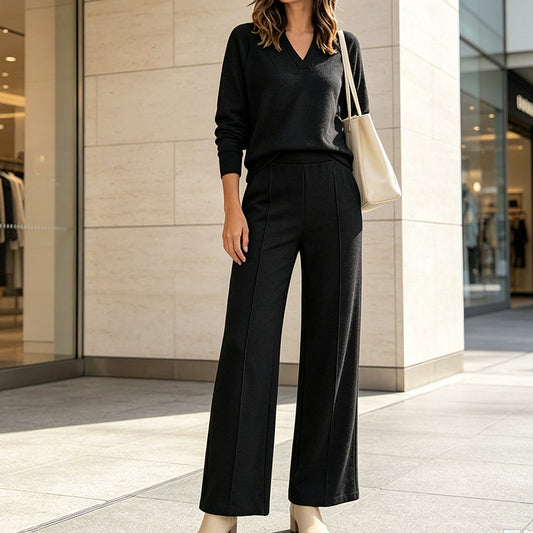 ✨ One Set, More Ways to Wear | Women's V-Neck Top & Wide-Leg Pants 2-Piece Set