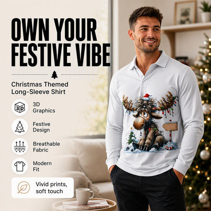 🫎 Outdoor Character | Men's Moose Print Long-Sleeve Collared Top