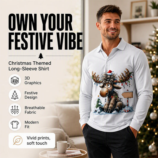 🫎 Outdoor Character | Men's Moose Print Long-Sleeve Collared Top